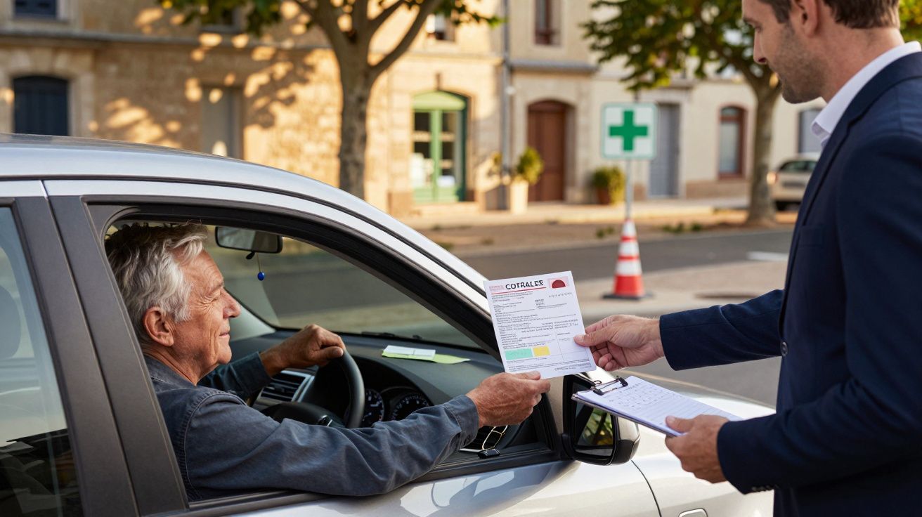 Oudere man in auto geeft papieren aan jongere man in pak buiten op straat.