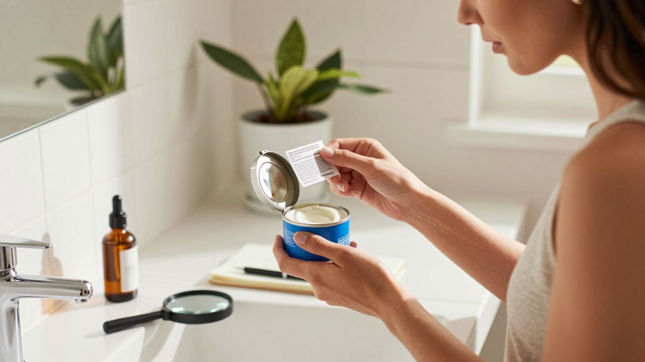 Vrouw leest etiket van crèmepot in badkamer met planten en flesjes op achtergrond.