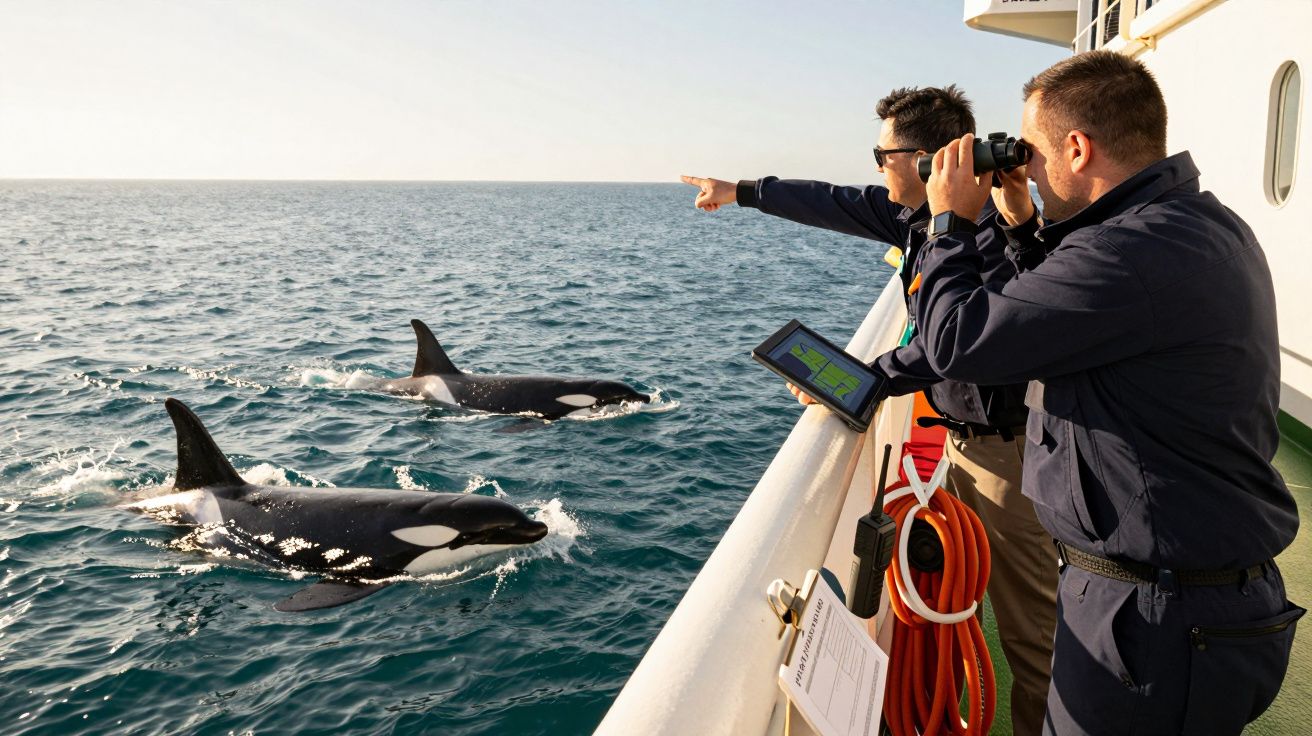 Twee mensen op een boot observeren orka's in de zee, een wijst en de ander kijkt door een verrekijker.