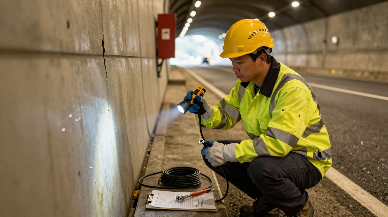 Man in veiligheidskleding inspecteert tunnelwand met zaklamp, naast hem een clipboard en kabel op de grond.