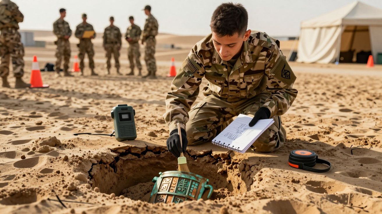 Een soldaat onderzoekt een object in de zandgrond, houdt een notitieblok vast, terwijl anderen op de achtergrond toekijken.
