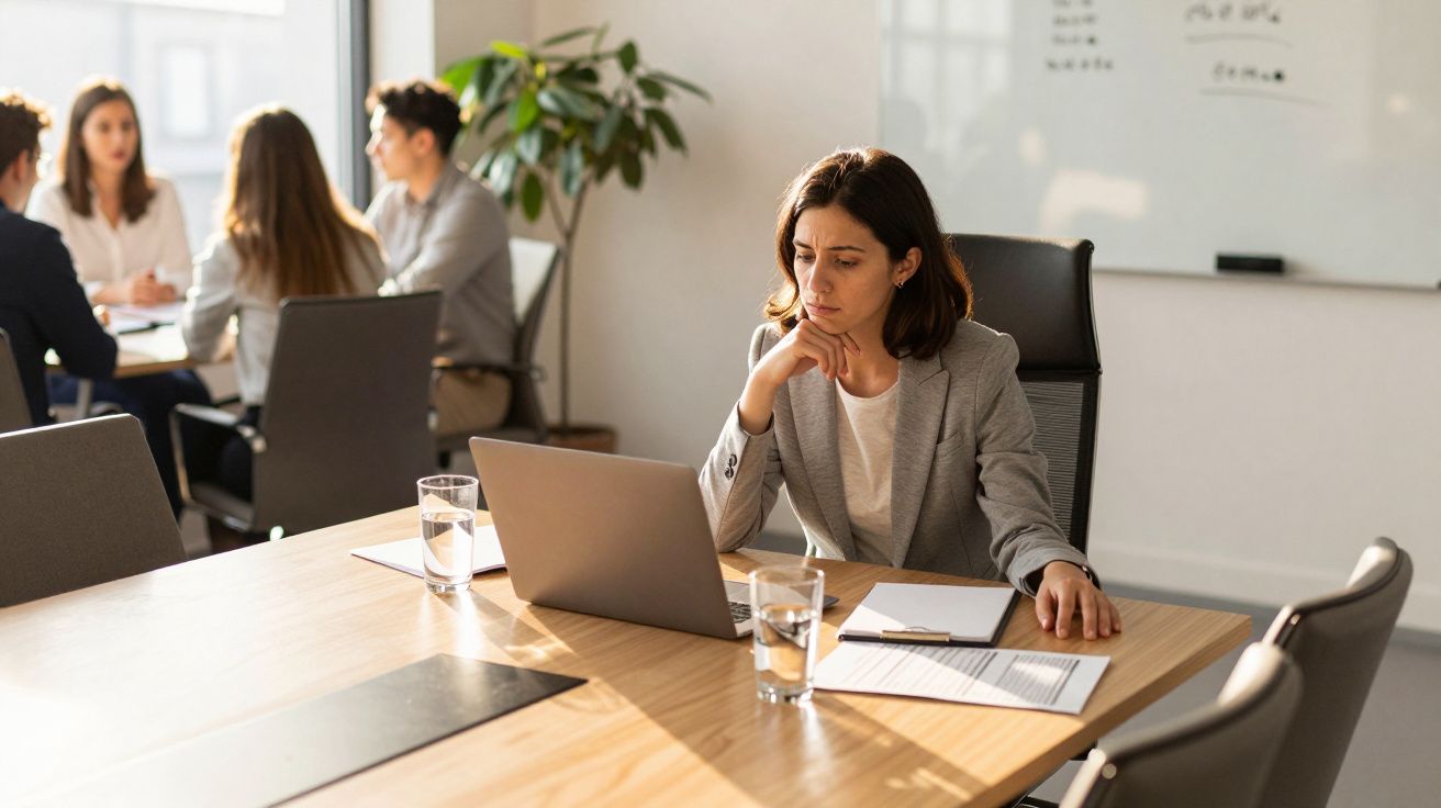 Vrouw werkt geconcentreerd aan laptop in vergaderruimte, met anderen onscherp op achtergrond en glazen water op tafel.