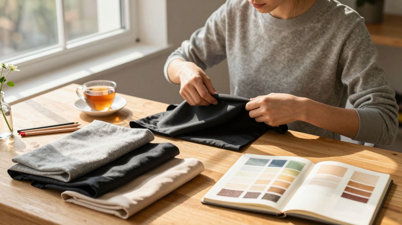 Vrouw vouwt stoffen op tafel met kleurstalenboek, kopje thee en potloden bij een zonnig raam.