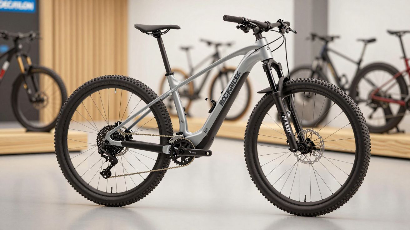 Grijze mountainbike met dikke banden, schijfremmen en recht stuur, gepresenteerd in een showroom.