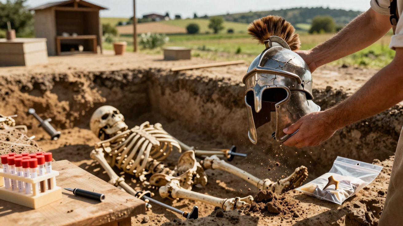 Archeoloog houdt Romeinse helm vast boven skelet in opgravingssite met testbuizen en gereedschap op de voorgrond.