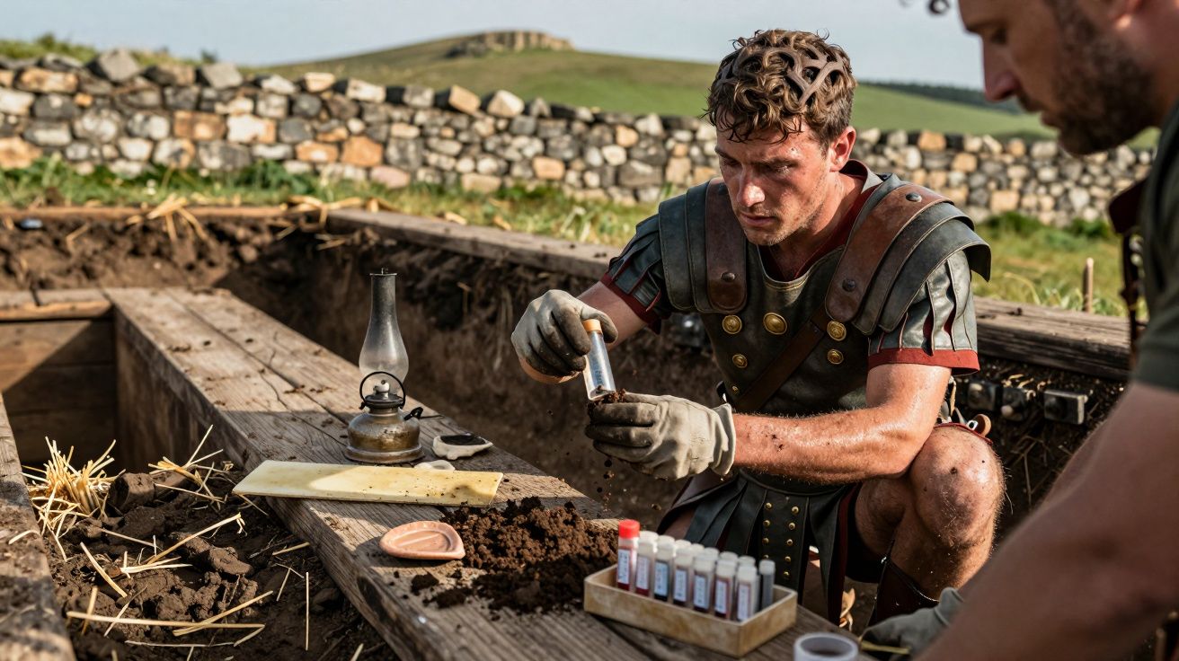 Een man in Romeinse kleding onderzoekt grondmonsters op een archeologische opgraving met stenen muur op de achtergrond.
