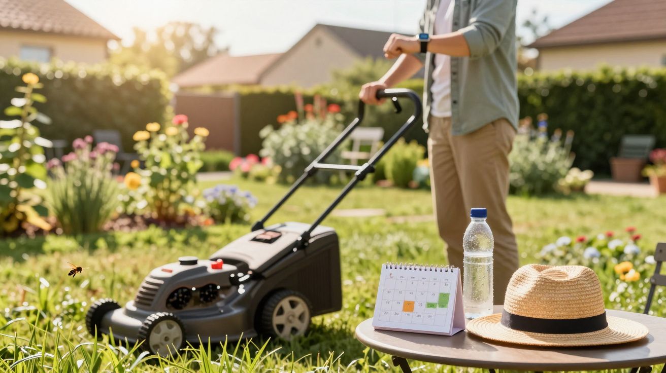 Persoon maait het gras in een bloementuin, met een kalender en fles water op tafel, zonneschijn omringt de scène.