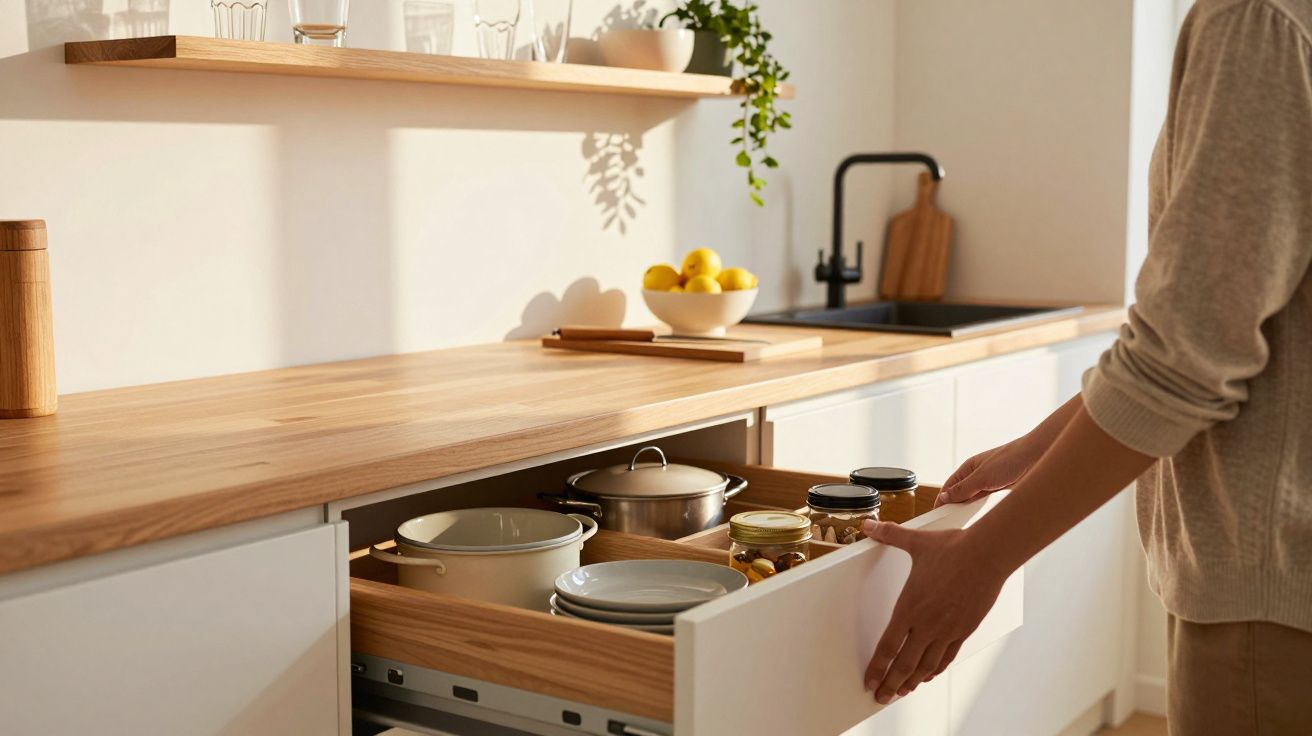 Persoon opent keukenkastje met potten en kruiden, fruitschaal en planten op houten aanrechtblad, zonnige keuken.