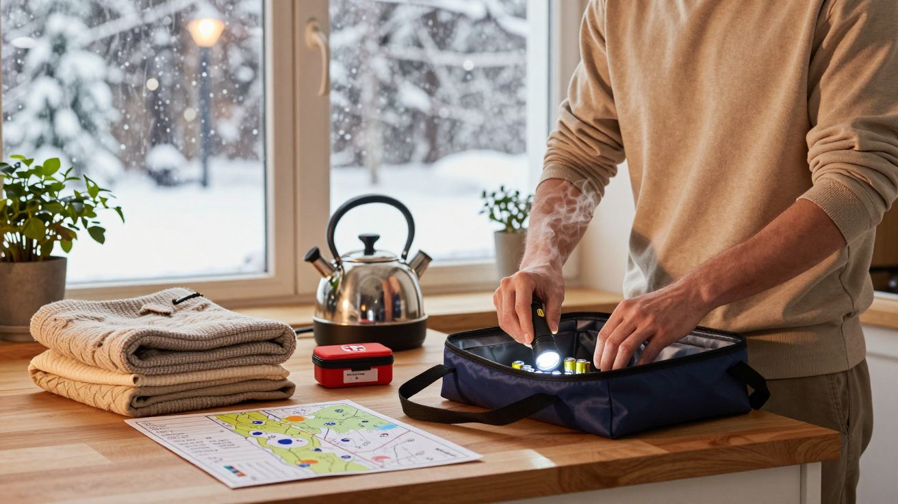 Persoon organiseert survivalset met zaklamp, kaarten en warme kleding op een keukenblad naast een besneeuwd raam.