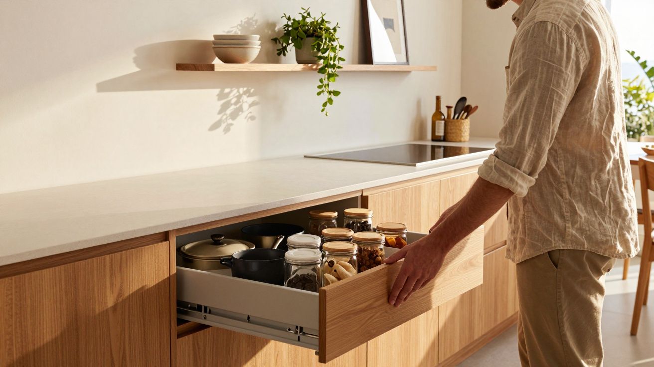 Man opent keukenlade met potten en pannen in moderne keuken, houten kasten en legplank met planten.