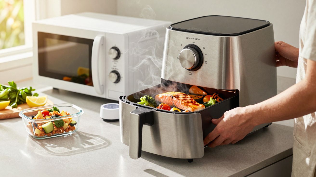 Persoon kookt groenten en zalm in een heteluchtfriteuse op een keukenblad naast een magnetron en salade.