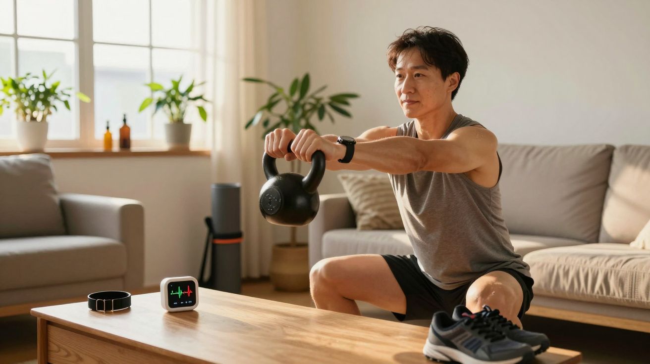 Man traint thuis met kettlebell in een woonkamer, omringd door planten en een bank. Fitnessapparaat op tafel.