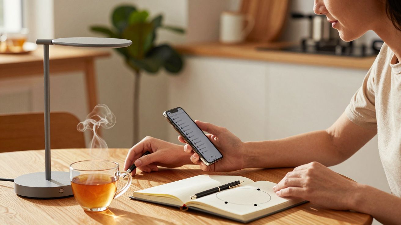 Vrouw leest smartphone aan tafel met notitieboek, pen en kopje thee naast moderne lamp.