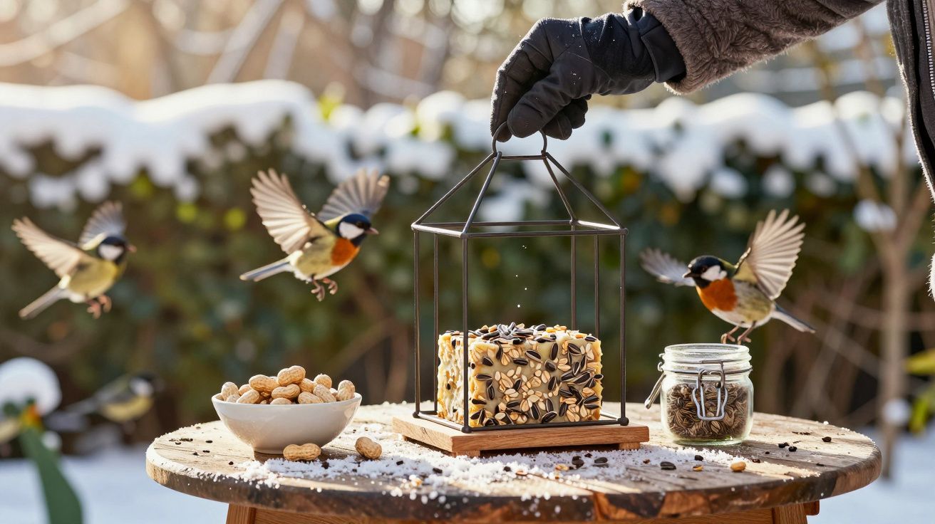 Vogels voeren zich met een zaadcake op een besneeuwd tafeltje, naast een pot pinda's en een pot vogelzaad.