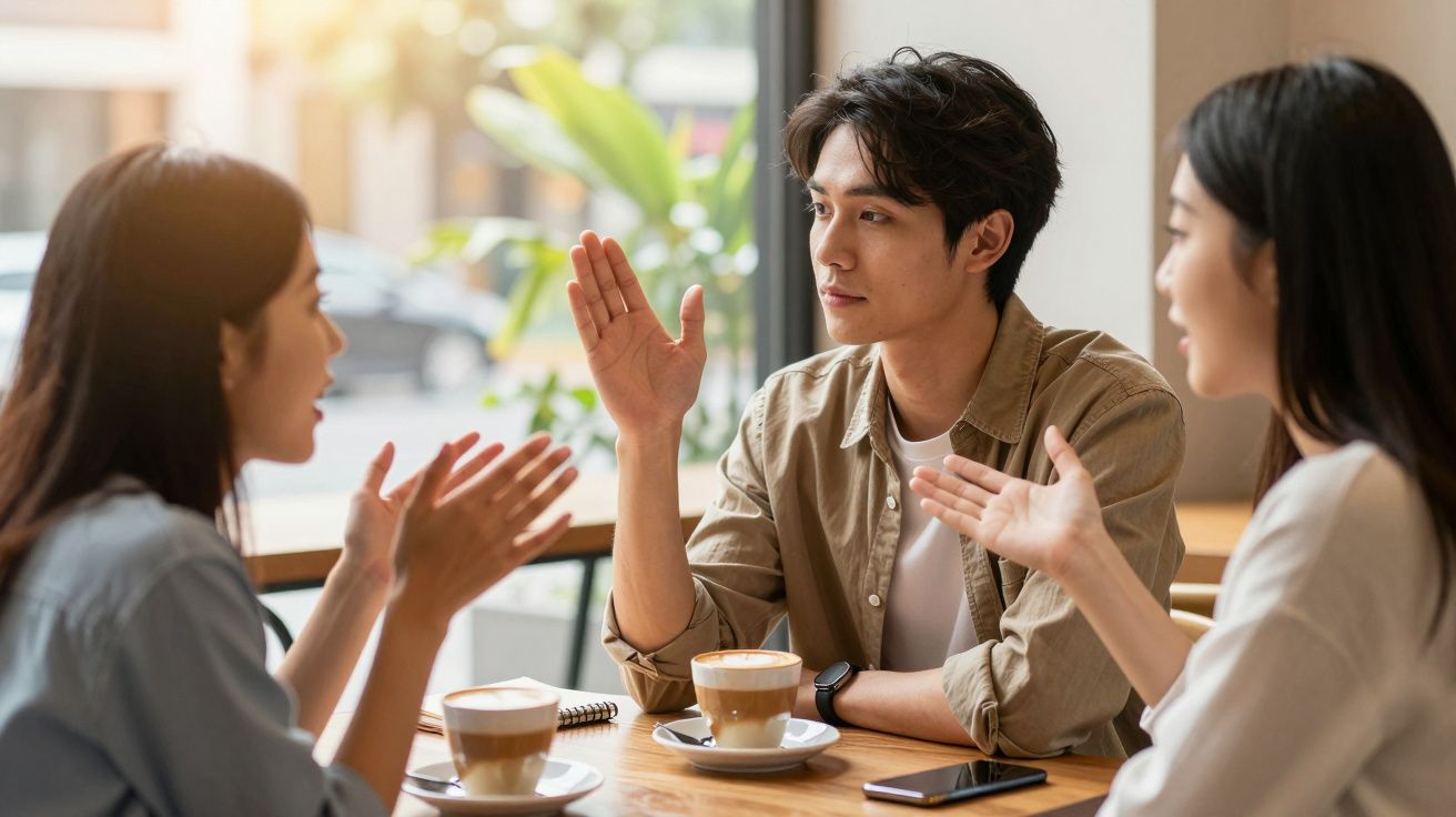 Drie mensen praten in een café, met koffiekopjes en een notitieboekje op tafel.