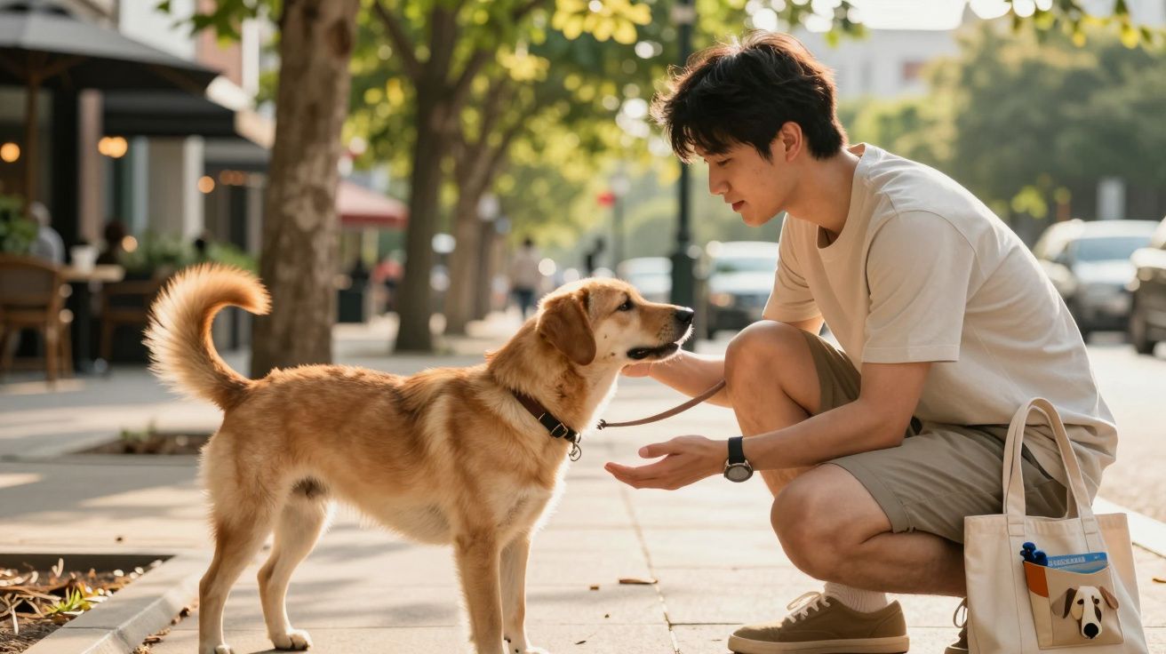 Man knielt op stoep, aait glimlachende hond; zomerse dag met bomen en voorbijgangers op achtergrond.