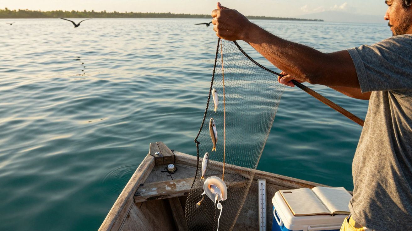 Man houdt visnet met vangst vast op boot in kalm water, zeevogels vliegen op achtergrond.