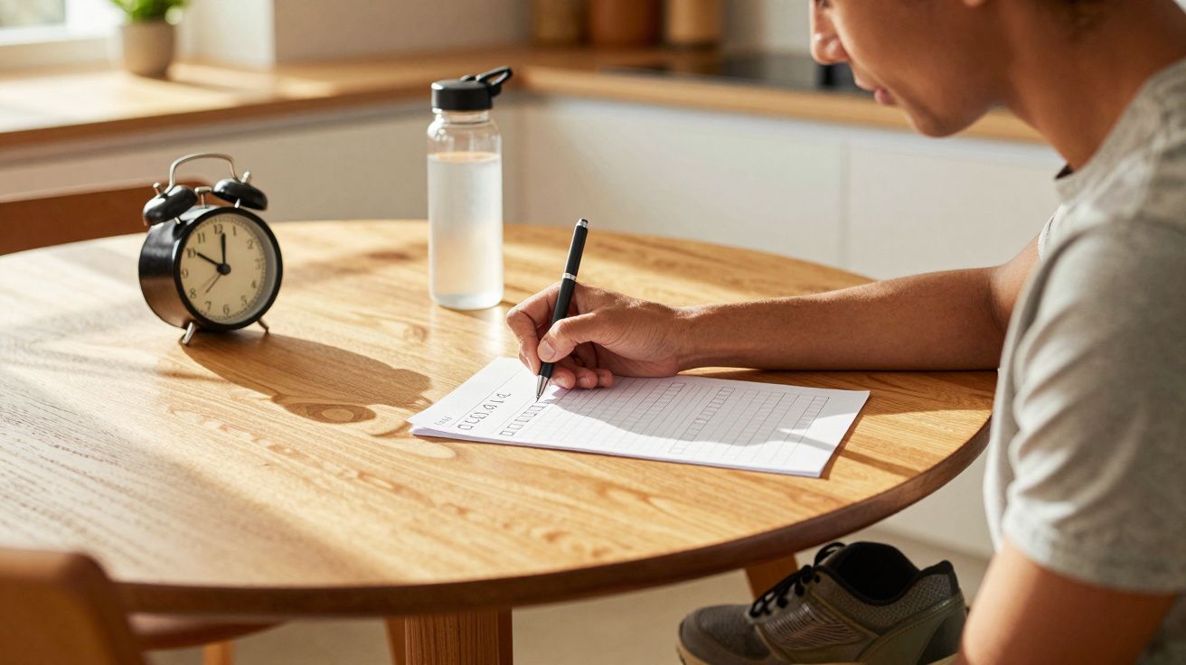 Een persoon maakt een planning aan een ronde houten tafel met een wekker en waterfles.