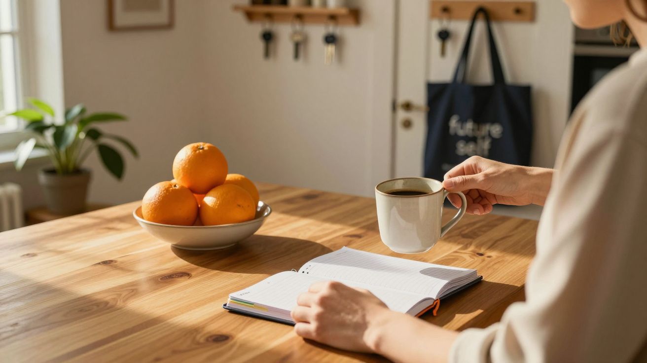 Persoon houdt een kop koffie vast naast een notebook op houten tafel met een schaal sinaasappels in zonnige keuken.