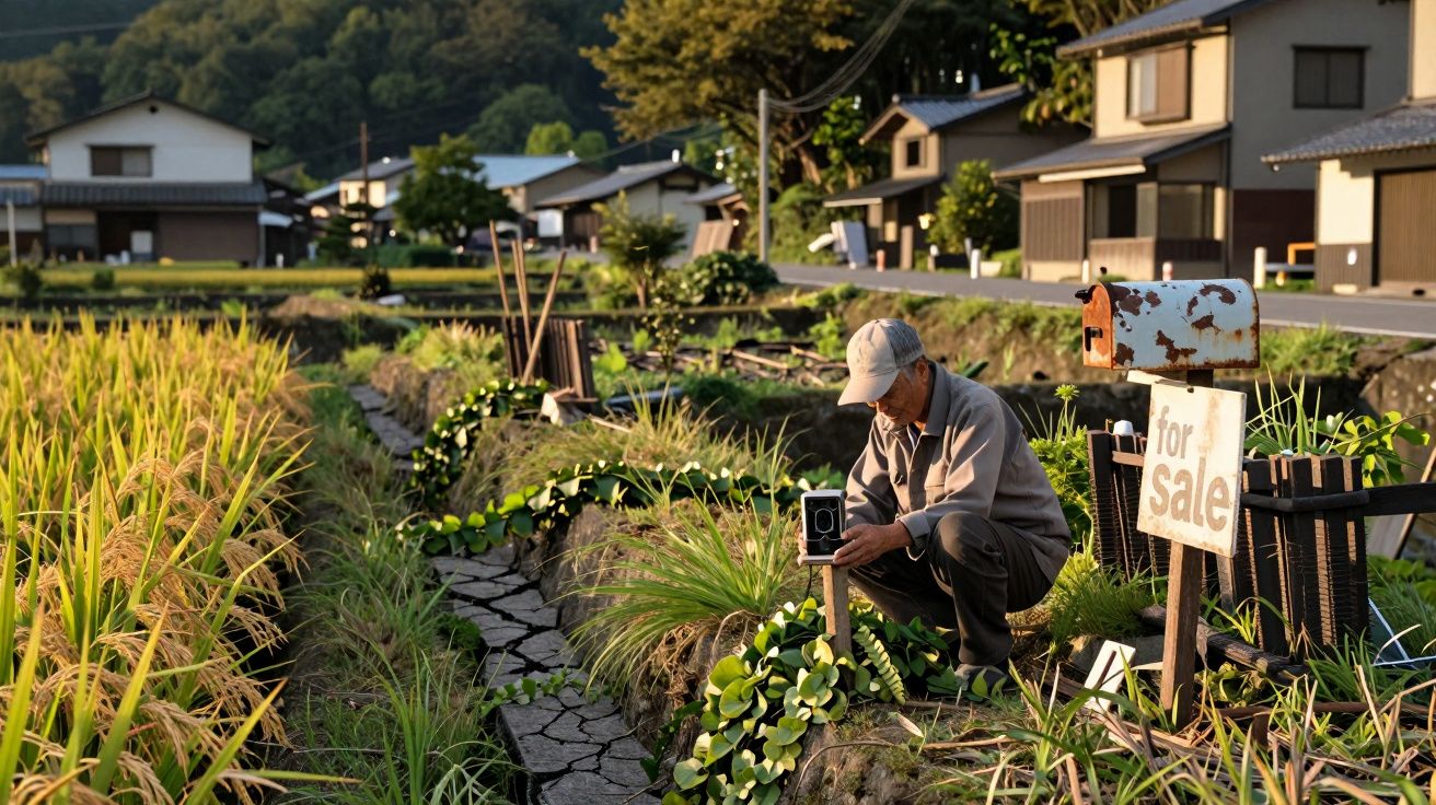 Oude man werkt in tuin naast een bord "te koop", omringd door groene velden en huizen in een landelijke omgeving.