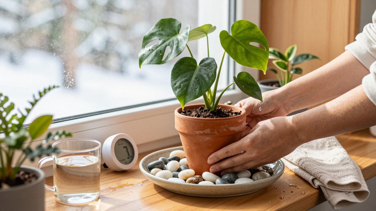 Handen plaatsen een pot met Monstera-plant op stenen in een schaal bij een vensterbank. Waterglas en thermometer opzij.