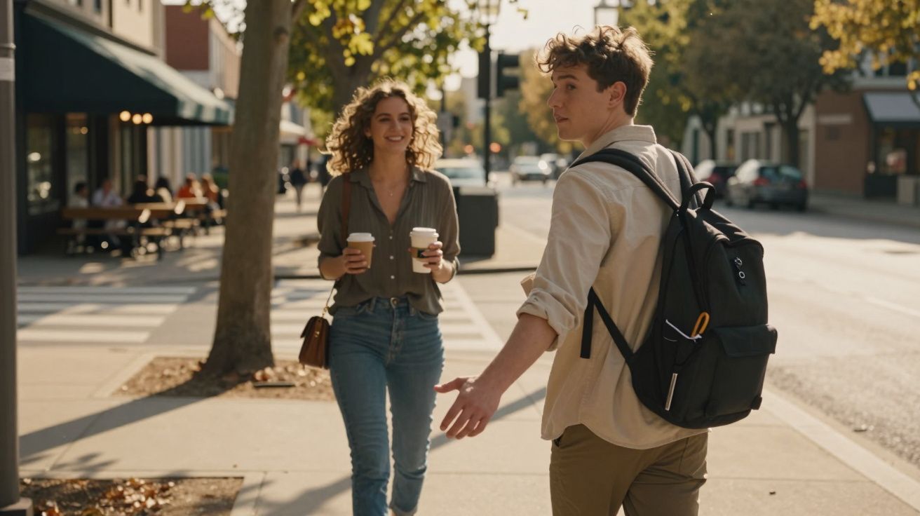 Twee mensen lopen met koffie over de stoep in een zonnige stad. De man draagt een zwarte rugzak.
