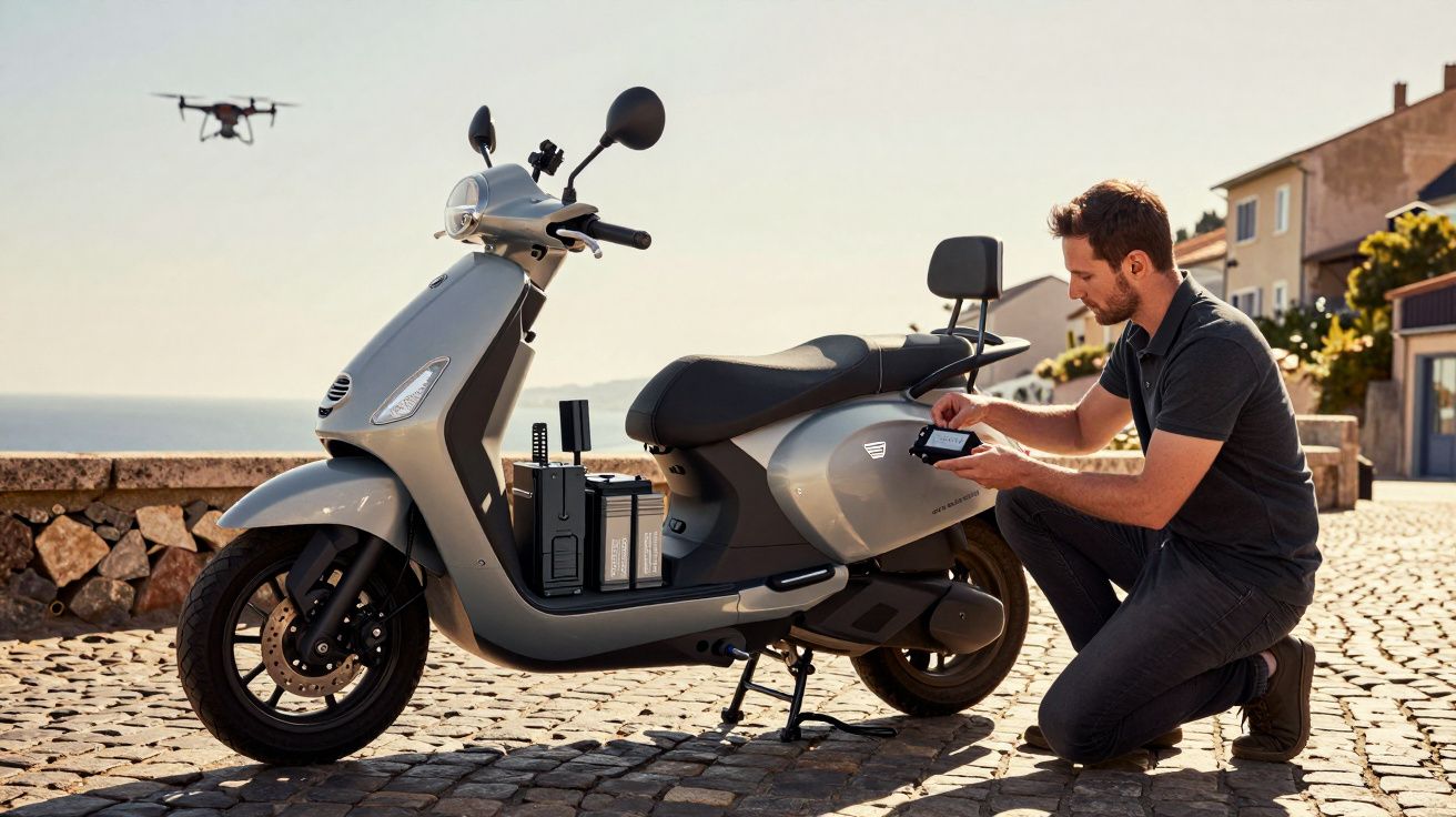 Man controleert grijze elektrische scooter op geplaveide straat met drone in de lucht, zee op achtergrond.