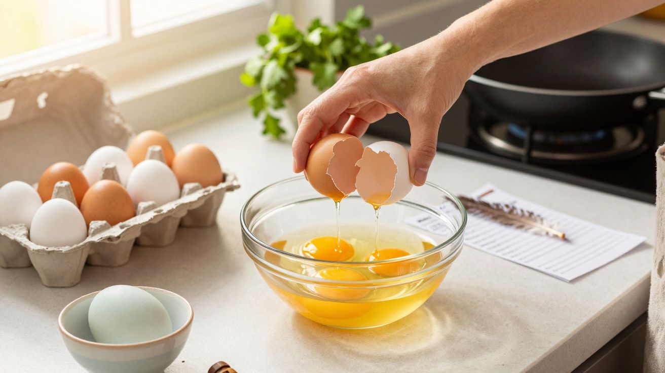 Hand breekt ei in een kom op keukenblad, eierdoos en andere ingrediënten zichtbaar, ochtendlicht door raam.